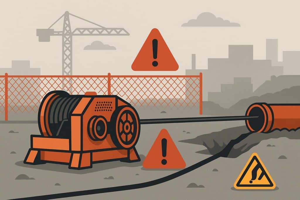 Cable hauling winch in operation showing common hazards and essential safety precautions