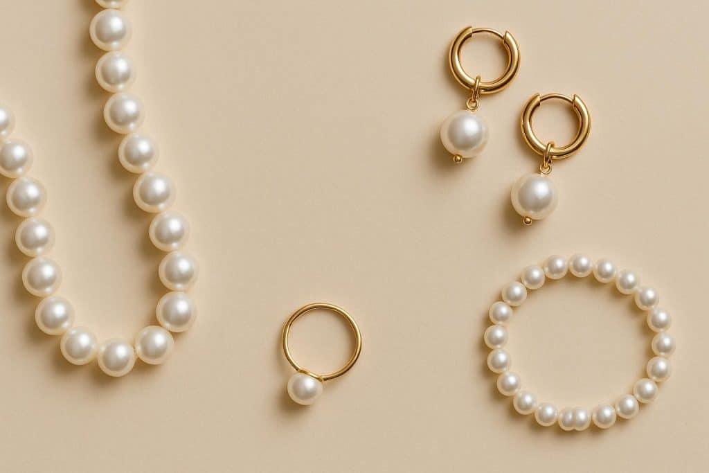 Elegant pearl necklace styled with modern fashion accessories on a minimalist neutral background