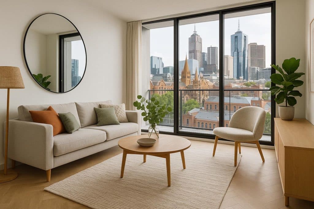 Modern living room with stylish furniture and décor in a Melbourne inner-city apartment