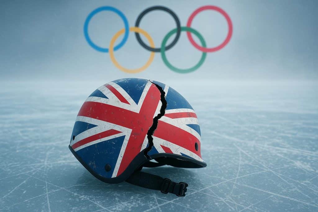 British flag and Olympic rings on snowy mountains, symbolizing Britain's Winter Olympics challenge