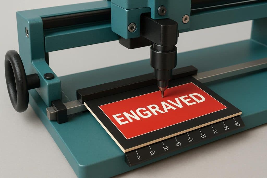 Close-up of a Traffolyte engraving machine etching a nameplate with precise detailing
