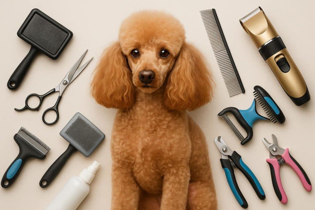 Groomed dog with shiny coat beside professional grooming tools on a home grooming table