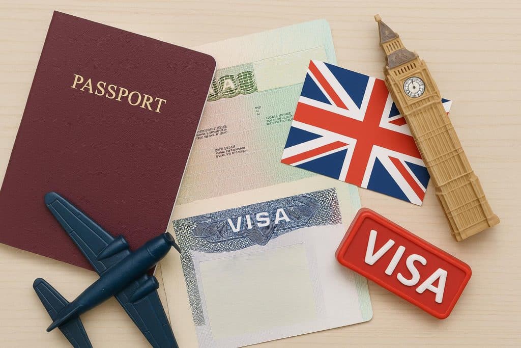 UK visa application documents, passport, and travel essentials for Indians travelling to the UK