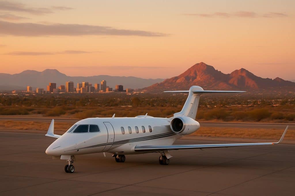 Private jet flying over scenic Rocky Mountains, illustrating luxury Denver to Phoenix travel