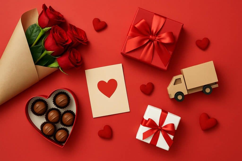 Red gift box with ribbon and bouquet of roses for last-minute Valentine’s Day presents