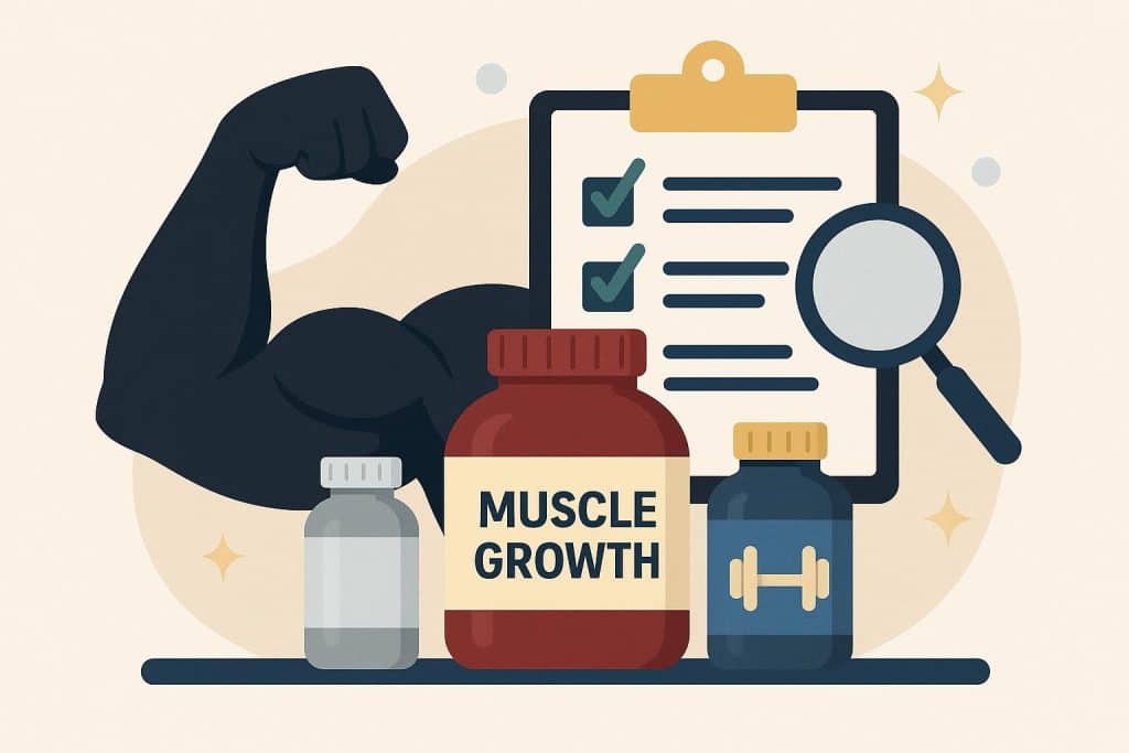 Various muscle growth supplements and protein powders arranged side by side on a comparison table