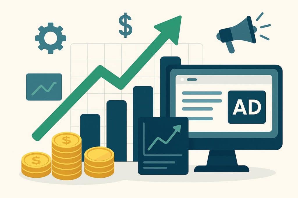 Digital advertising dashboard showing financial growth charts and strategic performance metrics
