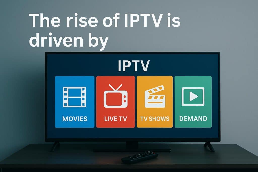 Streaming devices and smart TVs displaying IPTV channels and digital media interfaces
