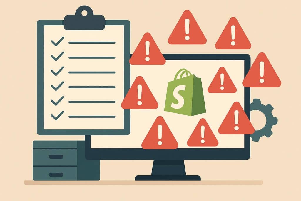 Seven Costly Mistakes Brands Make When Hiring a Shopify Agency (and How to Avoid Each One) Shopify agency hiring mistakes concept with warning signs and brand strategy elements
