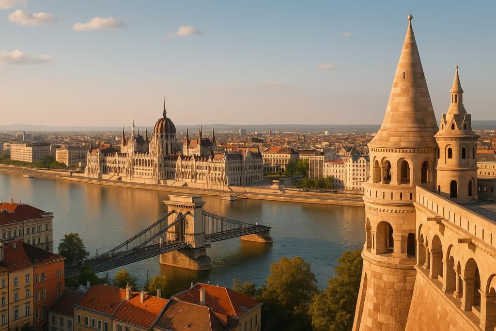 Aerial view of Budapest landmarks, including the Parliament Building and Danube River at sunset