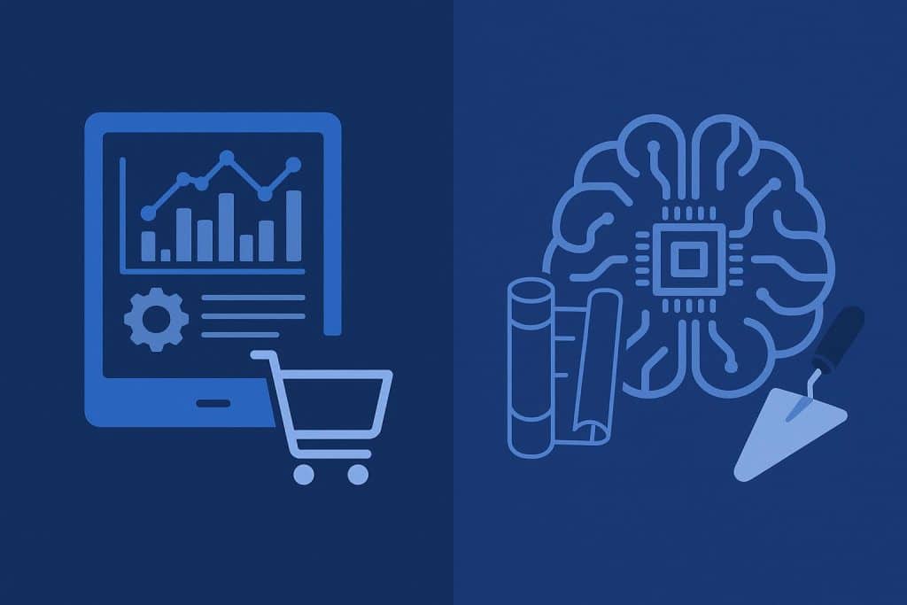 Comparison of deep learning platforms and custom AI development process, with technology icons