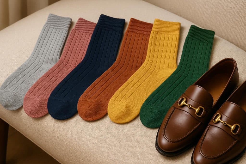 Luxury designer socks displayed with fashionable outfits, highlighting modern fashion trends and comfort