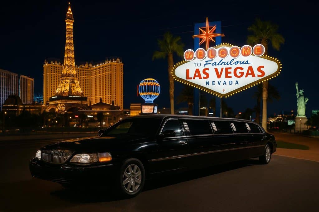 Luxury limousine parked on Las Vegas Strip with city lights, highlighting special occasion transport