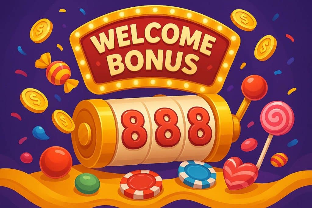 Candy888 welcome bonus guide, showing promotional graphics and winning rewards celebration