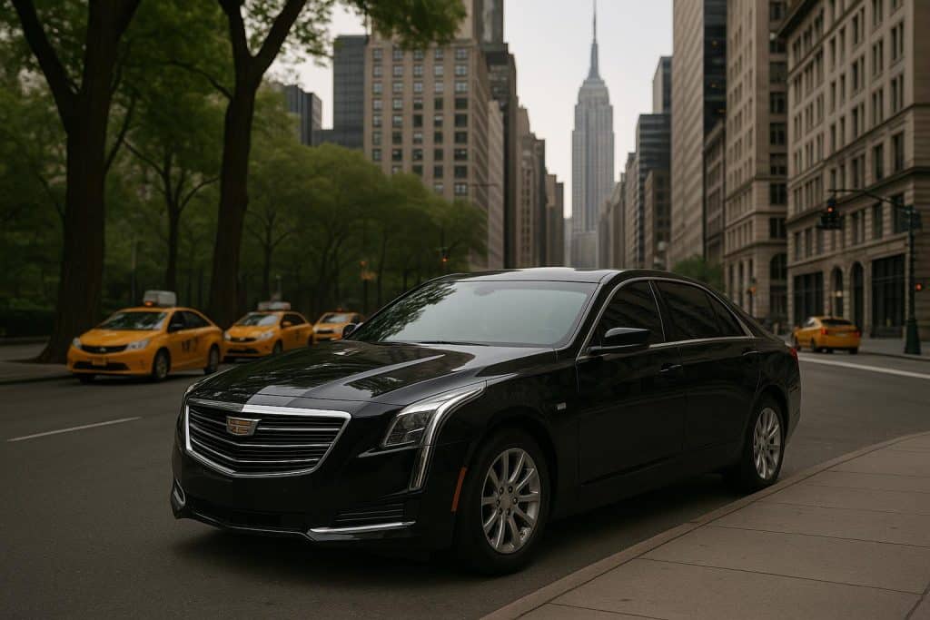 Experience Premium Travel with Noble Black Car Service Luxury black car parked in New York City, symbolizing premium, punctual chauffeur service