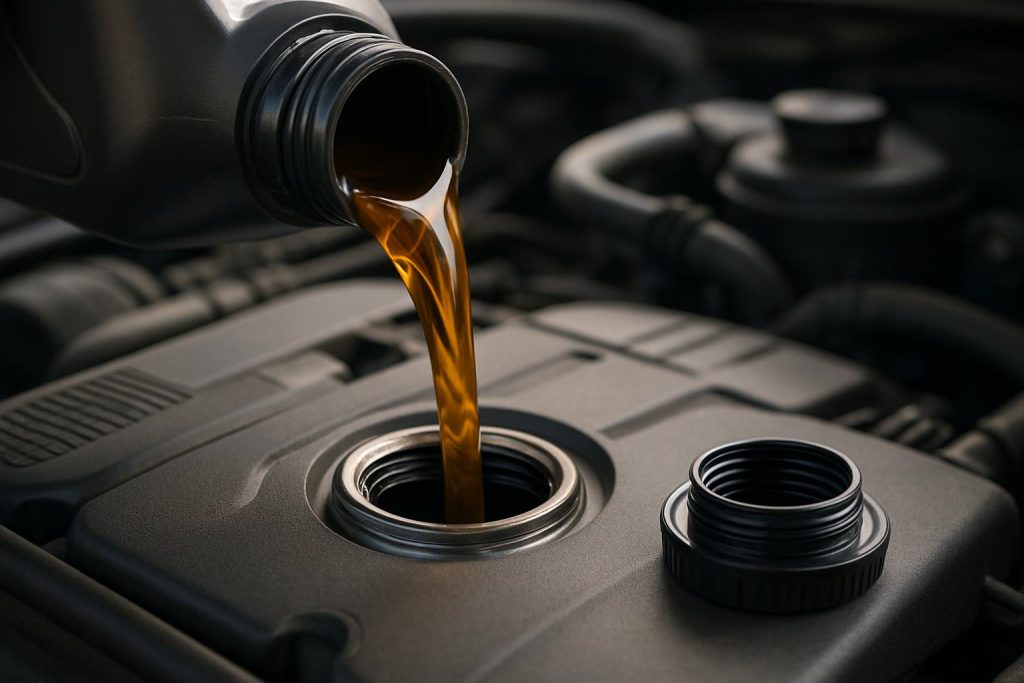 ARE YOU CHANGING YOUR CAR OIL TOO OFTEN OR NOT OFTEN ENOUGH? Changing engine oil on a car in a garage, highlighting frequency of vehicle maintenance