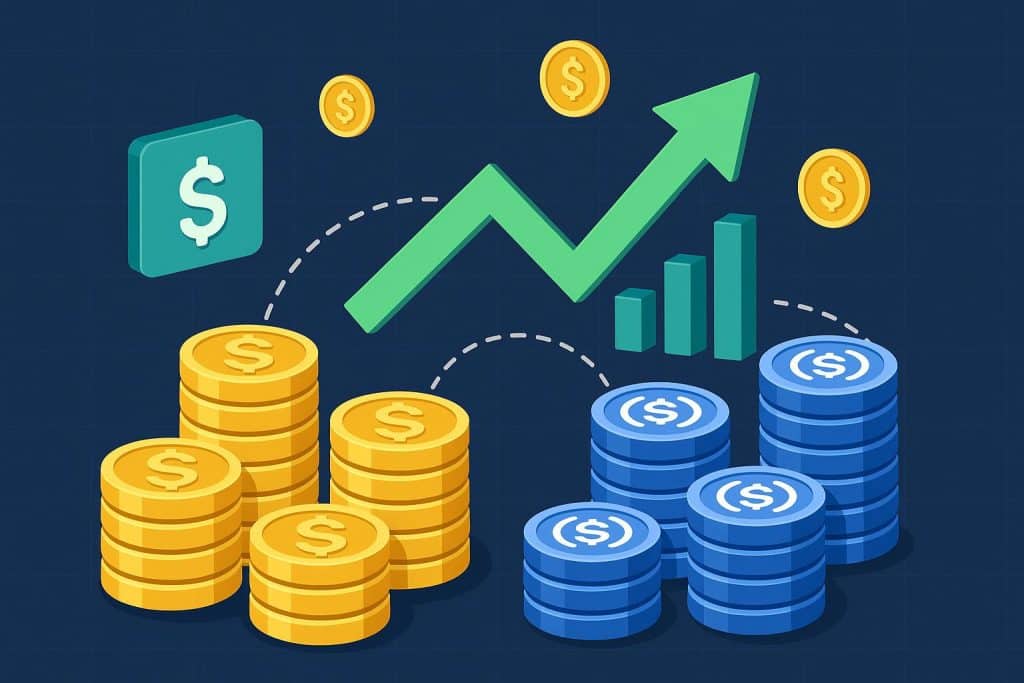 Stack of stablecoin digital tokens with financial growth chart, symbolizing passive income strategies