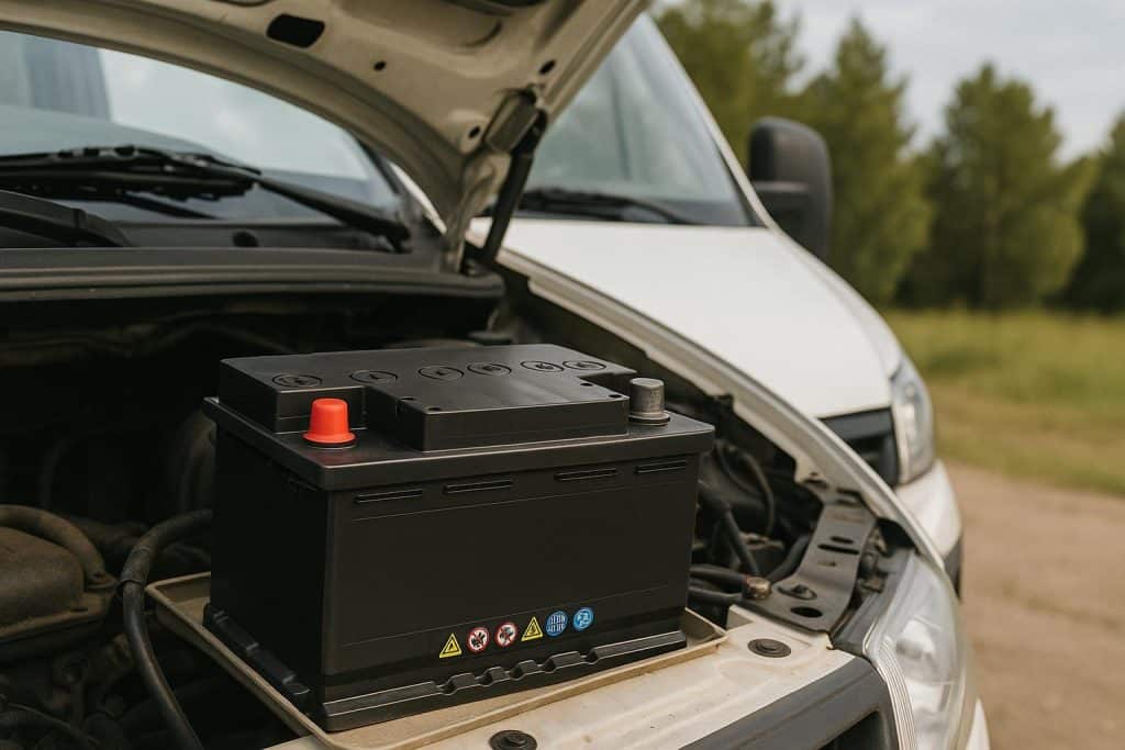 Van Battery Advice for First-Time Owners Electric van battery with charging cable, tips for first-time van owners on battery maintenance