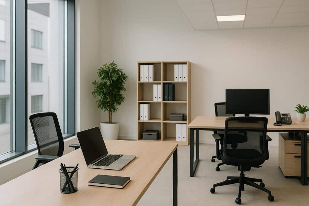 Start Operating Instantly With Fully Managed Office Solutions Modern furnished office space with desks, chairs, and technology for managed workplace solutions