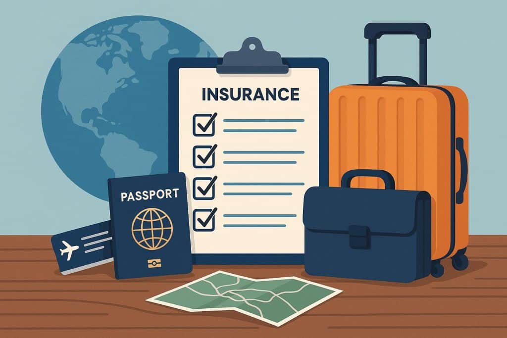 Planning a Corporate Retreat Abroad? Don’t Skip This Insurance Checklist Business team at a tropical resort reviewing insurance documents for a corporate retreat abroad