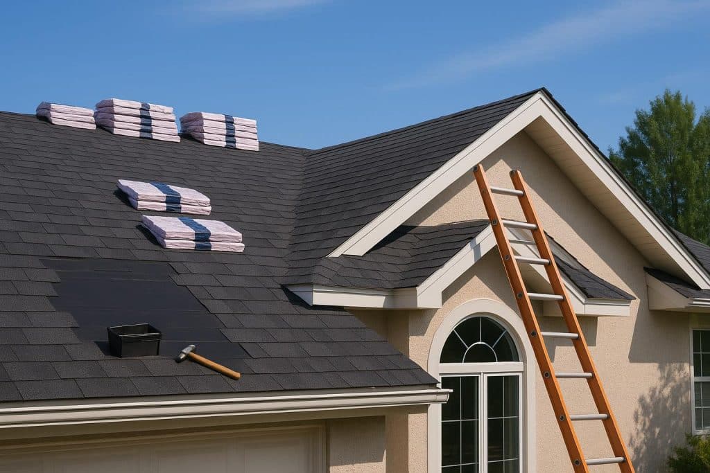 Residential roof repair in Florida with professional contractor inspecting shingles for home improvement