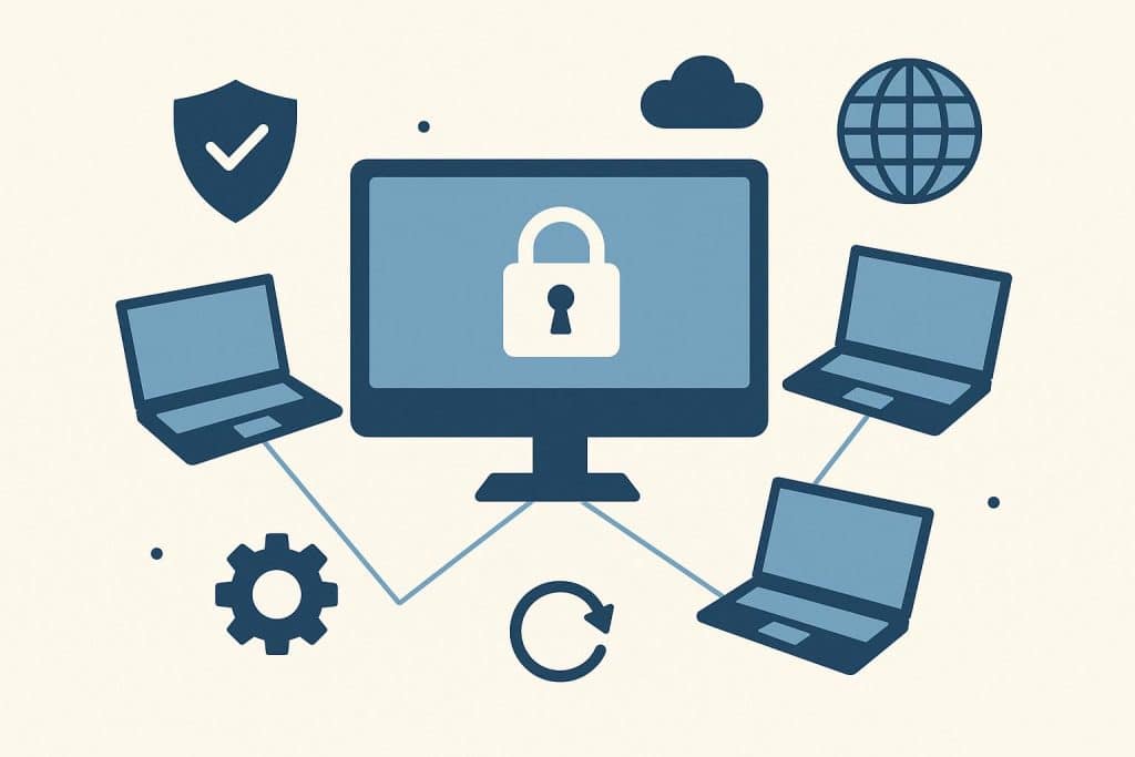 Top Remote Desktop Programs Businesses Trust for Secure Remote Access Business team accessing secure remote desktop software on multiple digital devices in office.