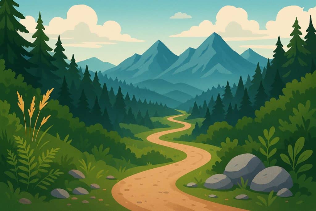 Hiking tours around the world: explore nature step by step. Scenic mountain trail winding through lush forest, ideal for global hiking and nature exploration