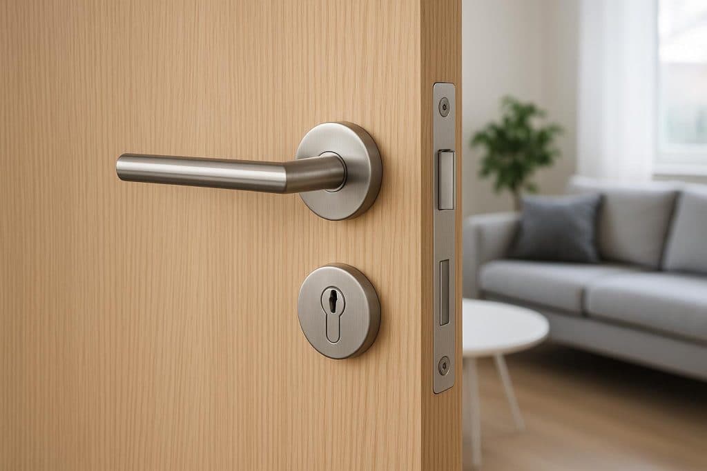 Low-Profile Sash Locks for Modern Offices Modern door lock and handle on a wooden front door showcasing home security and design