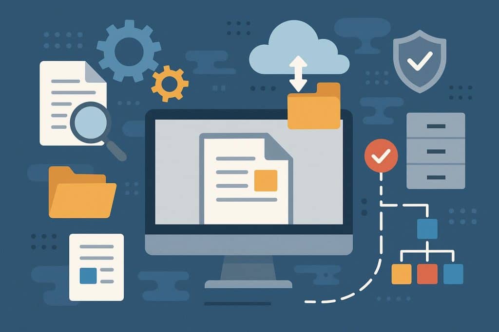 Modern enterprise content management dashboard with digital document icons and data workflow graphics