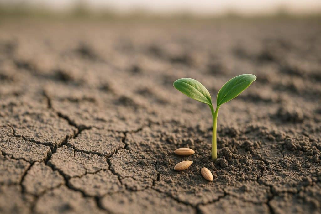 Sprouting seeds emerging from bare soil, symbolizing new beginnings and transformation