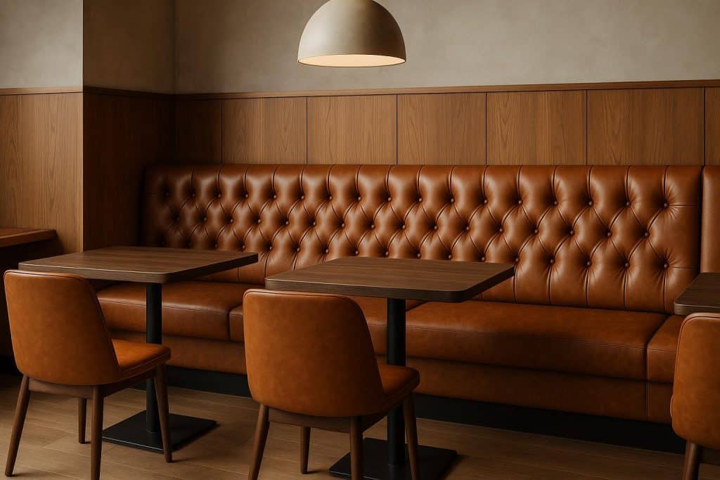 2026 Restaurant Furniture Trends: What’s Next for Booth Design? Modern restaurant booths with innovative materials and bold colors reflecting 2026 design trends