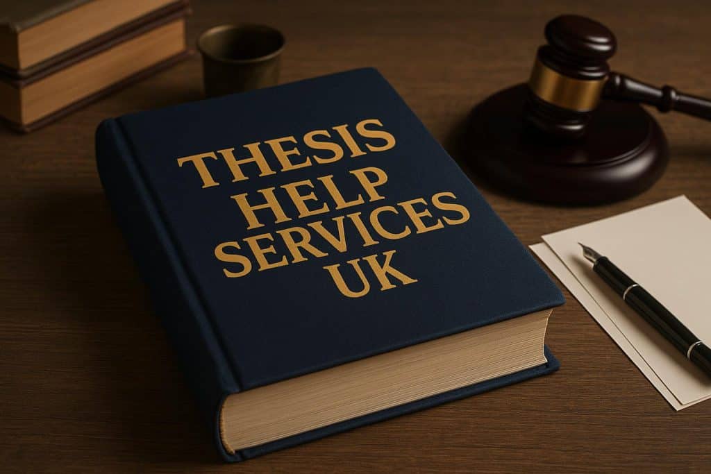 Understanding Thesis Help Service with Thesis Help Services UK Open laptop, academic books, and notes illustrating thesis help services in the UK