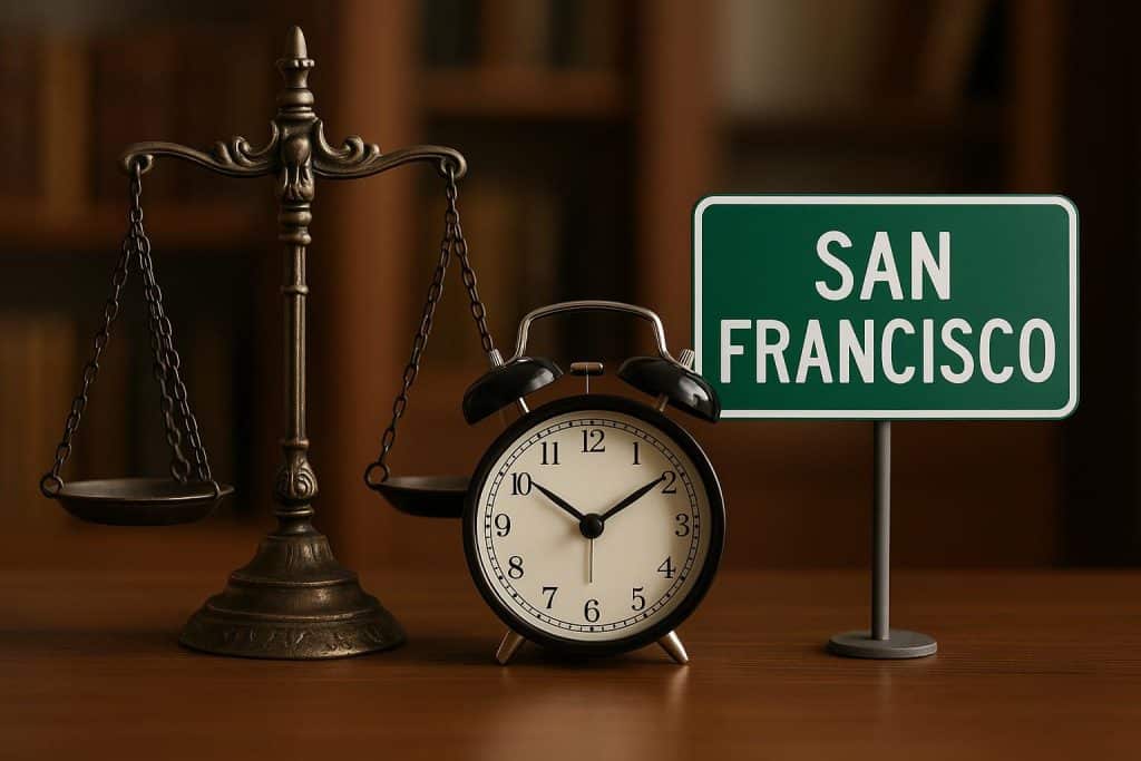San Francisco courthouse with legal scales symbolizing personal injury law and legal assistance