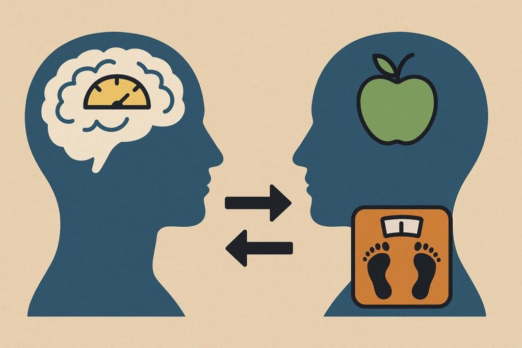 Scale, measuring tape, and healthy food symbolizing psychology of long-term weight loss success
