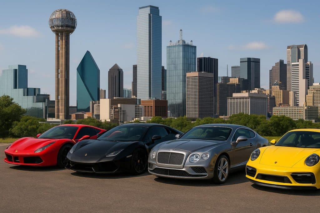 Lamborghini and Ferrari parked in downtown Dallas for luxury car rental services