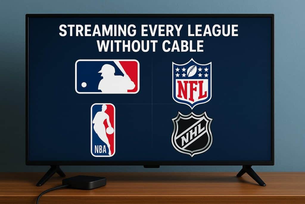 The Sports Fan’s Guide: Streaming Every League Without Cable Multiple sports balls and streaming devices showcasing league logos for online sports streaming guide