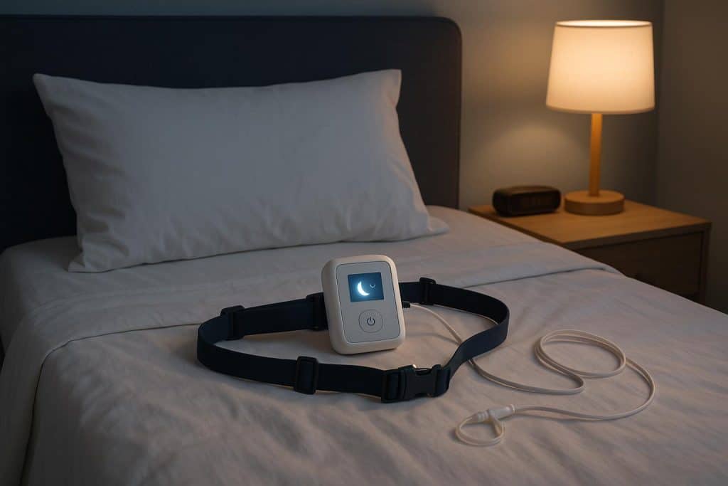 Home sleep study equipment on bedside table next to bed for at-home sleep apnea diagnosis