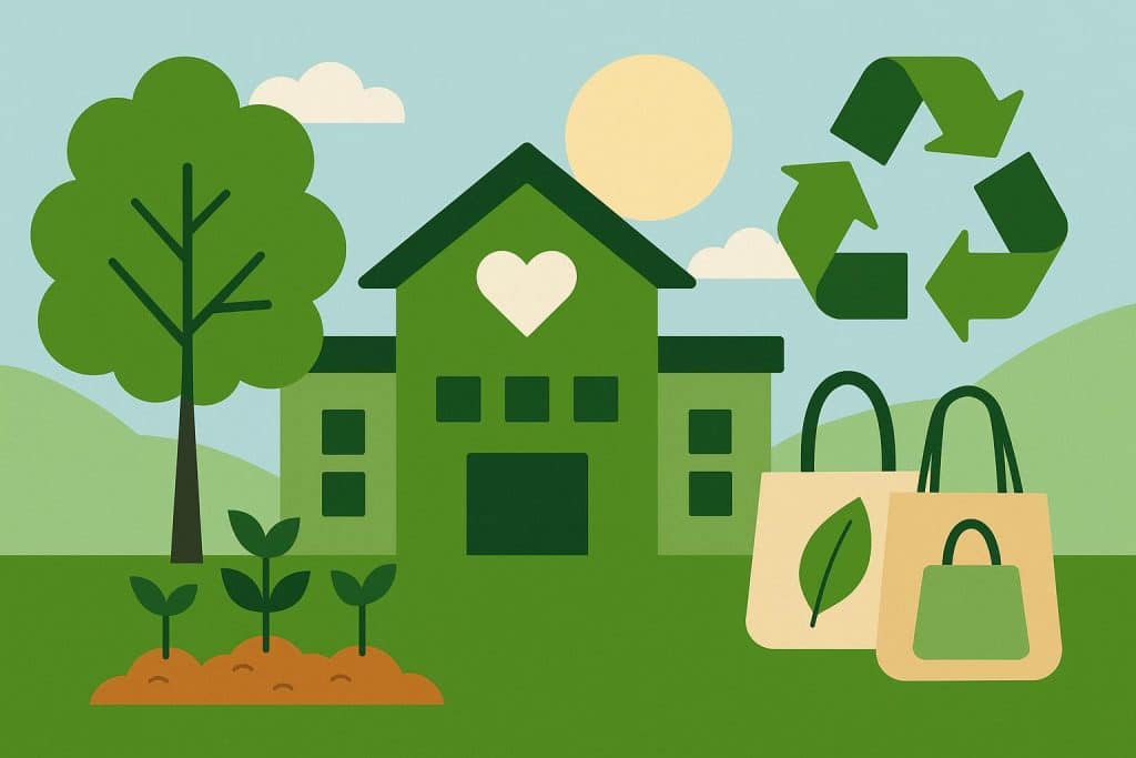 Building a Sustainable Nonprofit: Five Insights from Community-Focused Organizations Eco-friendly nonprofit office with recycling bins, solar panels, and community collaboration