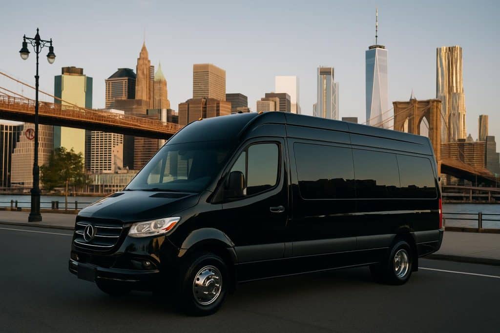 Why Private Group Transportation Is Redefining Travel in New York City Luxury private shuttle bus driving through New York City streets, showcasing modern group transportation
