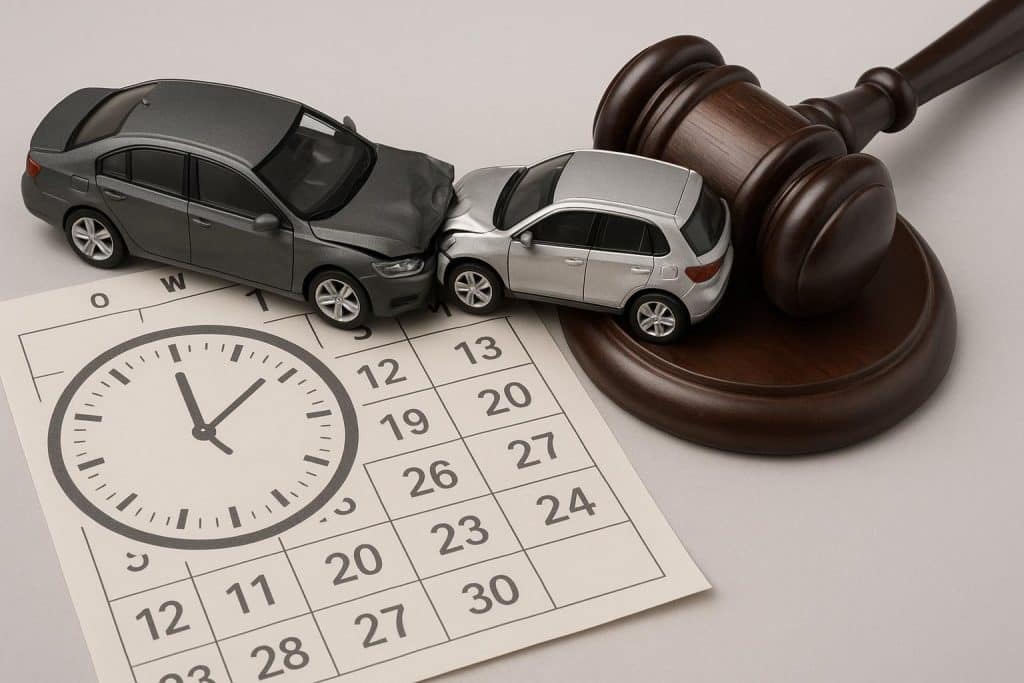 Car accident scene with damaged vehicles highlighting legal time limits for filing lawsuits