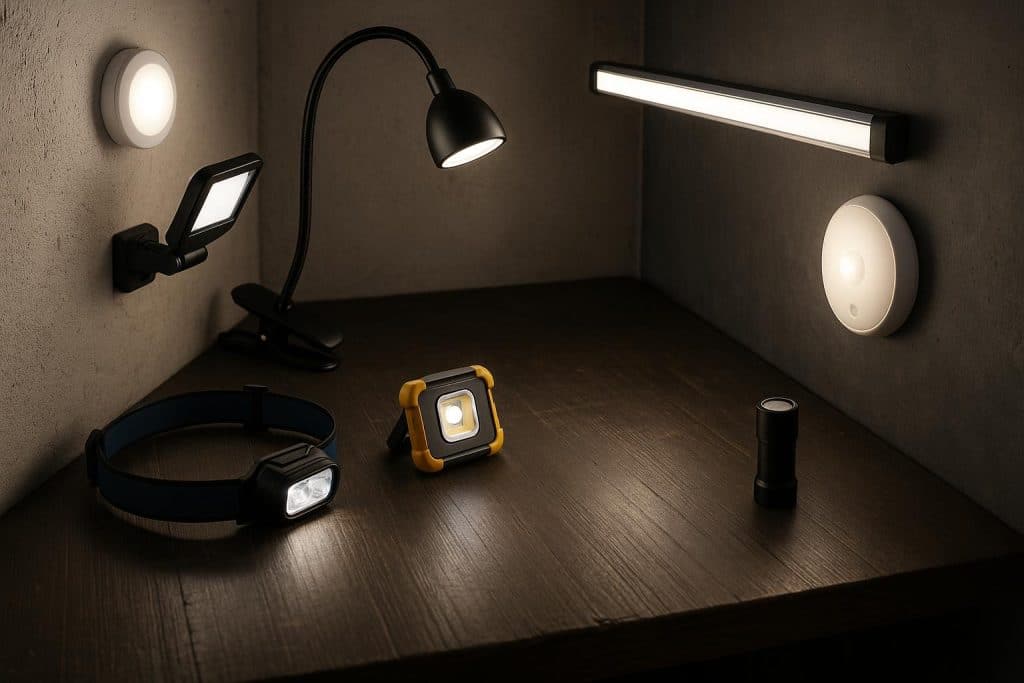 Hands-free lighting solutions illuminating a small, cluttered workspace for efficient tasks