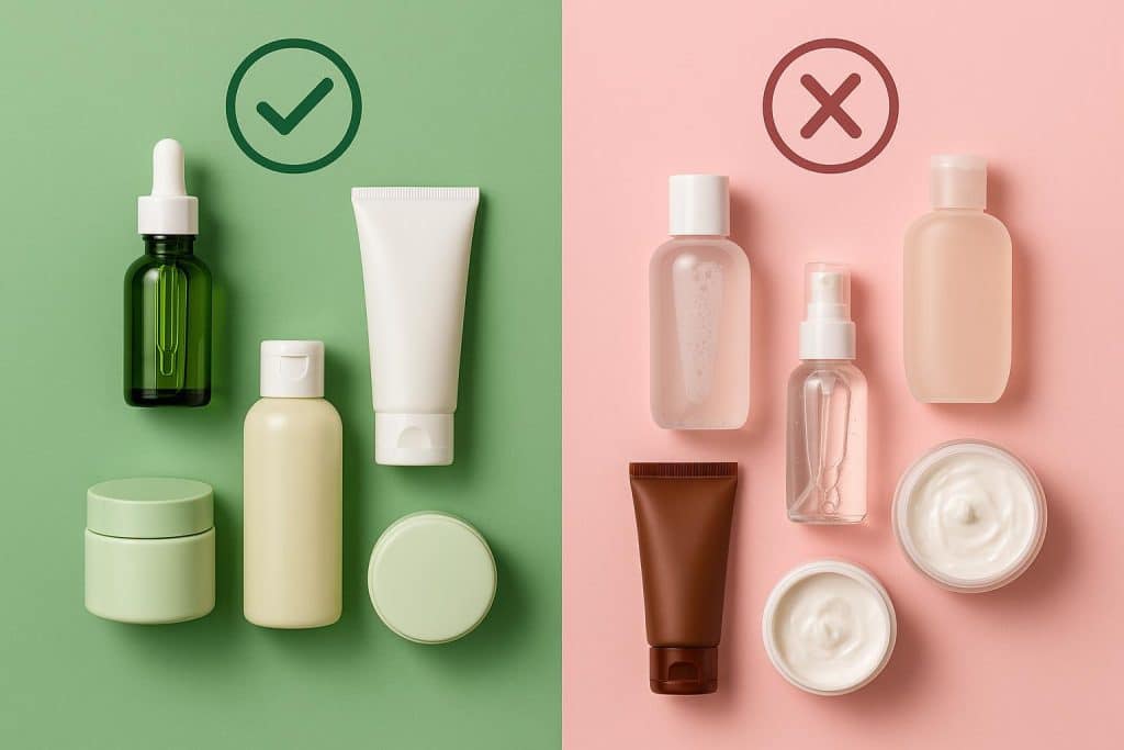 Popular skincare products with dermatologist-approved labels and crossed-out trend items