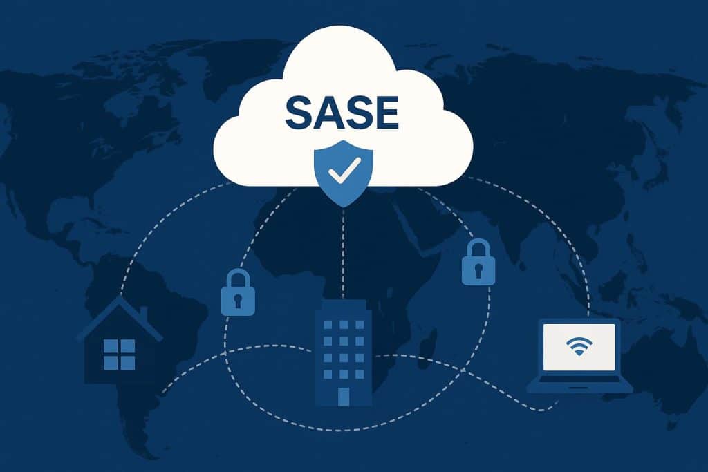 How SASE Enables Secure Hybrid Work at Global Scale Global secure network connecting offices and remote devices representing SASE hybrid work solutions