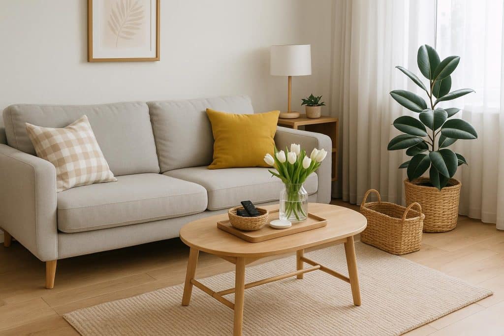 How to Keep Your Living Room Clean All Week Long Tidy living room with organized furniture, clean surfaces, and clutter-free decor