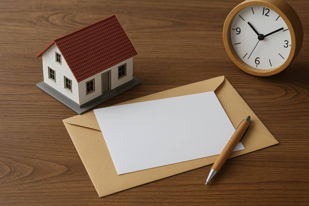 Stack of real estate prospecting letters on a doorstep with a suburban home in the background