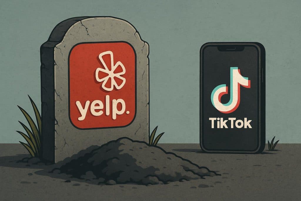 TikTok app interface on smartphone highlighting local restaurant search replacing Yelp platform