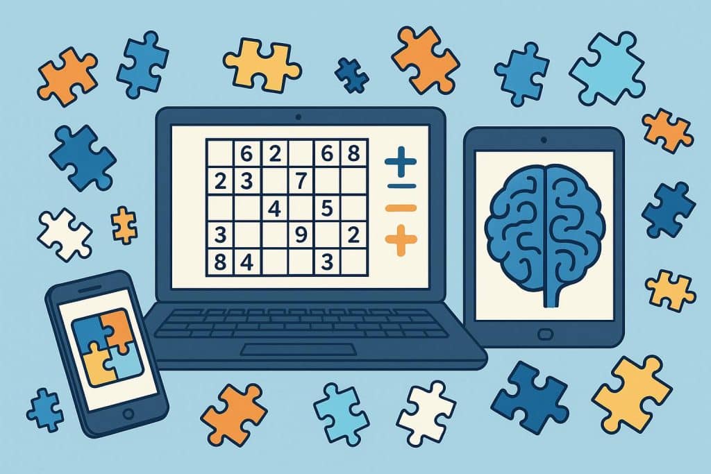 Colorful digital puzzles and brain games displayed on various screens for online play