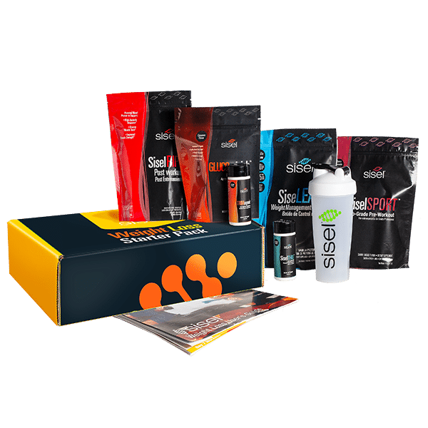 Sisel International fitness starter kit with nutritional support products and shaker bottle designed to support consistent workout routines.