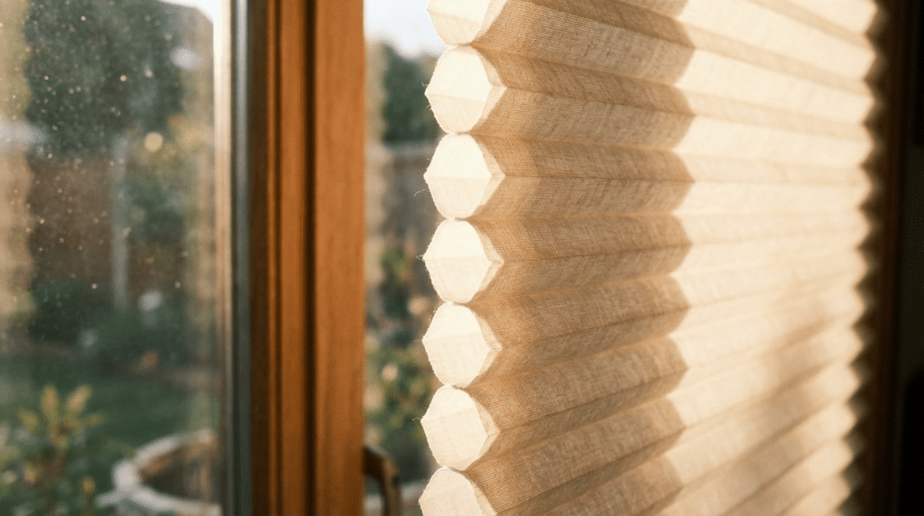 Close-up of energy-efficient cellular honeycomb window blinds