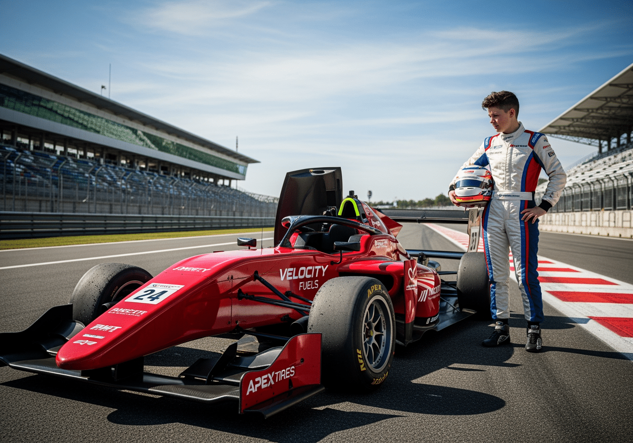 formula race car on a track with a student looking on - what schools teach to be a race car driver